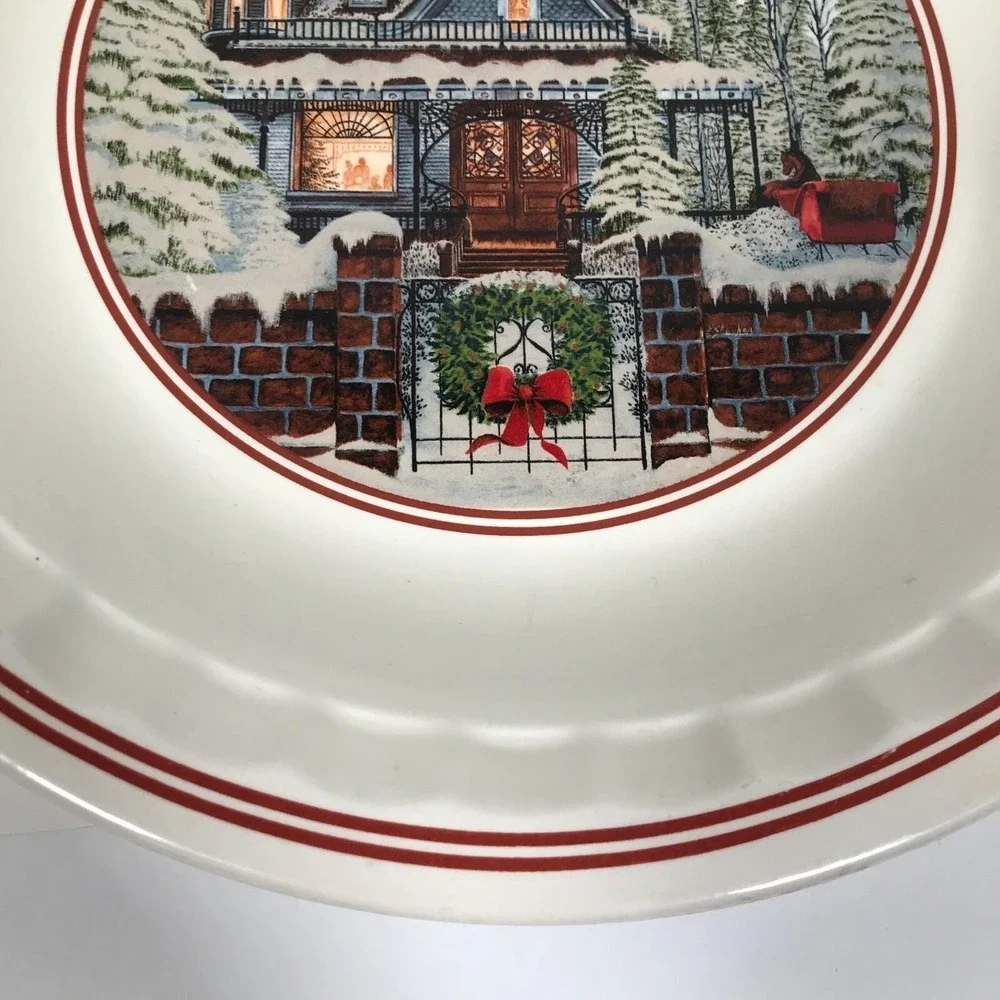 Watkins 1999 Cranilla Pecan Pie Plate Ceramic Winter Victorian House Sleigh 5901